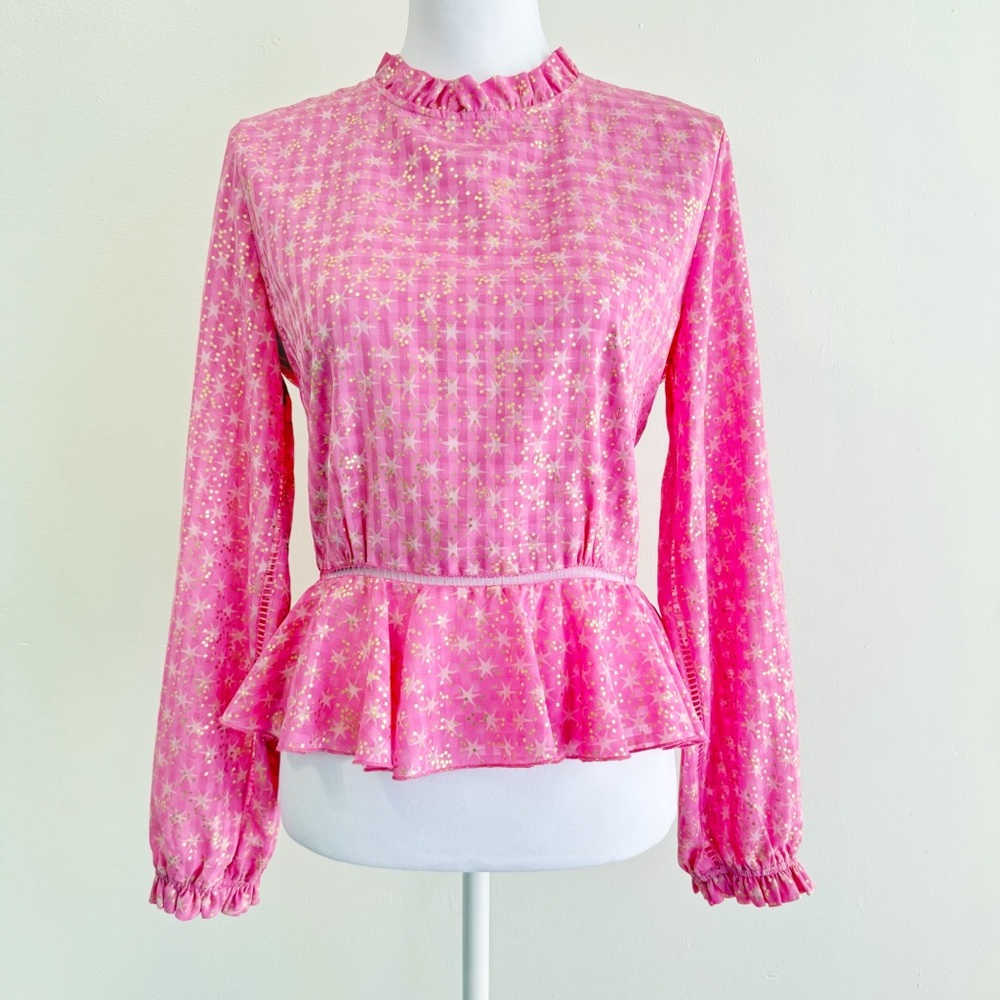 STINE GOYA PINK GOLD STAR PRINT SHIRLEY BACK SLIT OPENING RUFFLE PEPLUM TOP